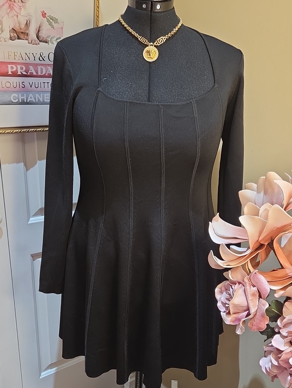 Nwot XL Toccin X RTR  Black Long-Sleeve Midi Fit-and-Flare Dress